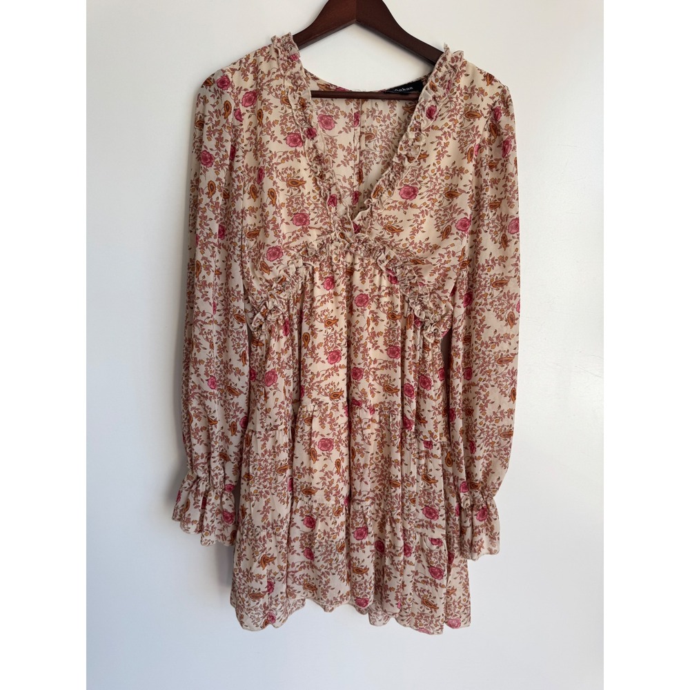 Aakaa Pink Floral Ruffle V-Neck Long Sleeve Mini‎ Dress Peasant Babydoll Medium